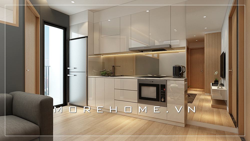 Mẫu tủ bếp gỗ công nghiệp màu trắng hiện đại, đơn giản cho nhà chung cư Tủ bếp hiện đại