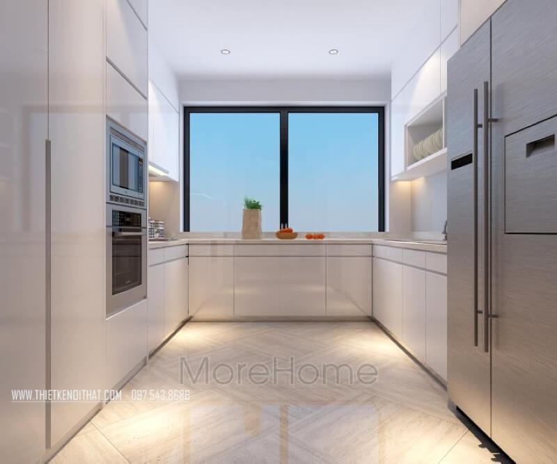 Nội thất phòng bếp chung cư đẹp và tinh tế với tone màu trắng chủ đạo ấn tượng Thiết kế phòng bếp, tủ bếp đẹp