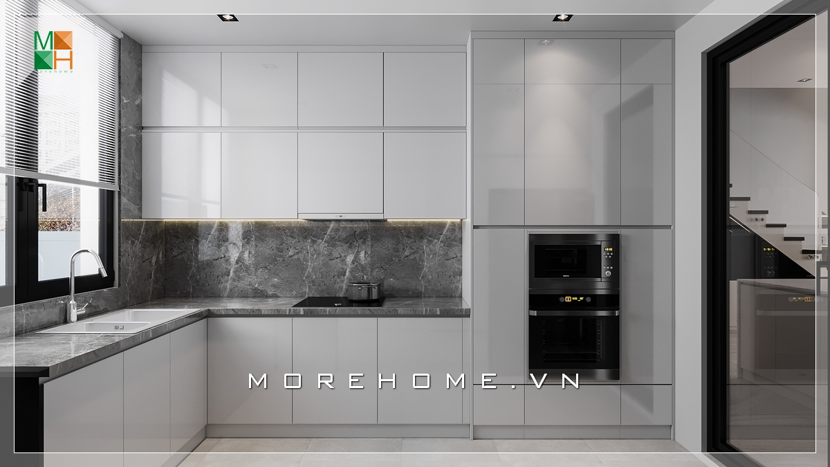 Mẫu tủ bếp màu trắng gỗ Acrylic đẹp hiện đại rất tiện nghi Thiết kế phòng bếp, tủ bếp đẹp