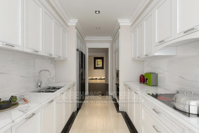 Lựa chọn tone màu trắng làm gam màu chủ đạo, tủ bếp gỗ hiện đại tạo cho căn bếp thêm phần sang trọng và thoáng đãng hơn Tủ bếp gỗ, tủ bếp gỗ tự nhiên, tủ bếp tân cổ điển