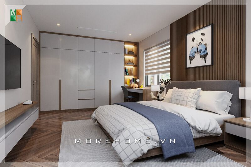 Mẫu giường ngủ gỗ kiểu dáng hiện đại đơn giản với đầu giường được bọc nỉ cao cấp tạo độ êm ái để bạn có thể ngồi tựa lưng thư giãn trước khi nghỉ ngơi